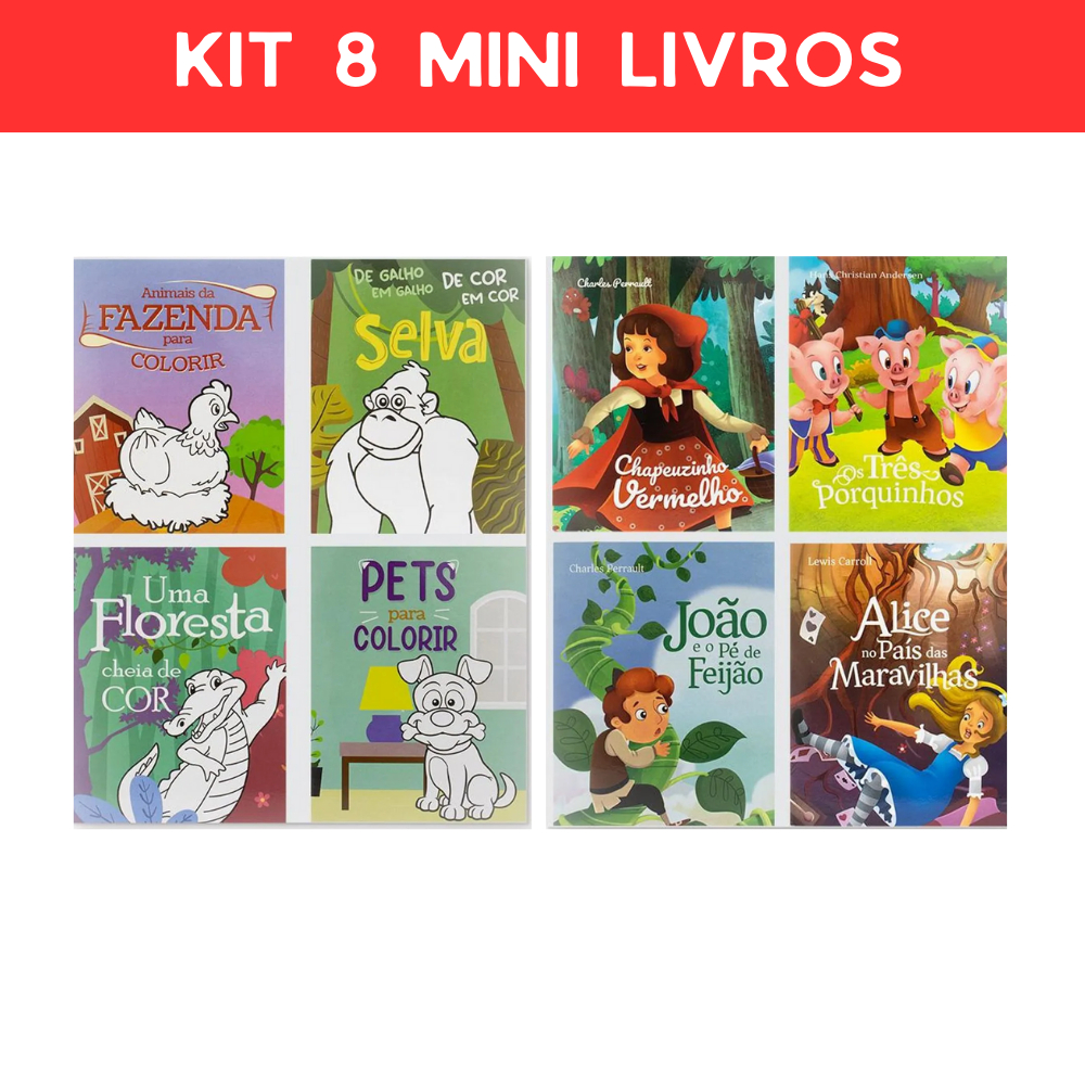 Kit 8 Mini Livros - 4 Livro de histórias infantis - 4 Livros de colorir