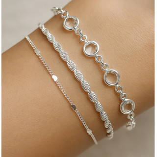 Kit 3 Pulseiras Prata 925 Pulseira de coração + Cordão Baiano + Pulseira Feminina de pedrinhas transparentes