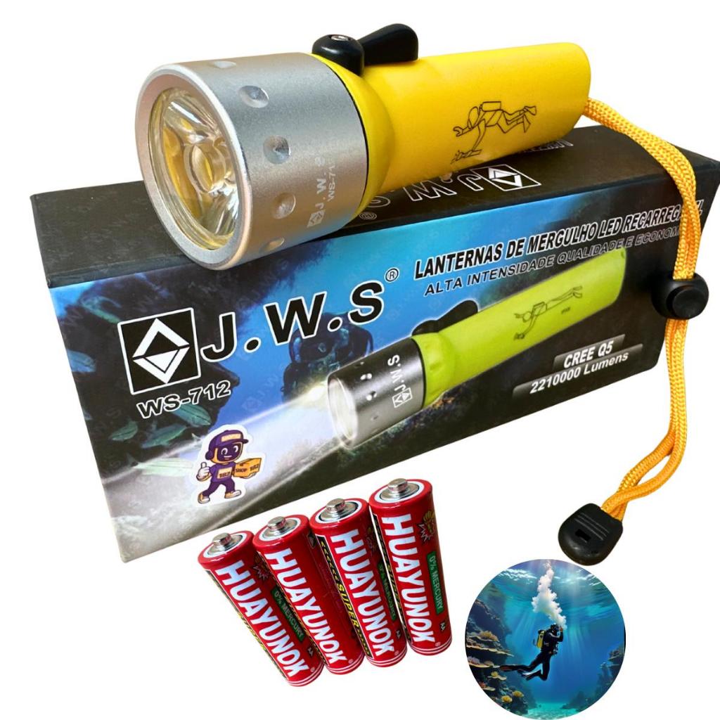 Lanterna Para Mergulho Profissional Led Q5 + 4 Pilhas Aa Branco Amarelo Jws Ws-712
