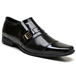 Sapato Social Masculino Verniz Preto e Branco Confortável com Sola Borracha