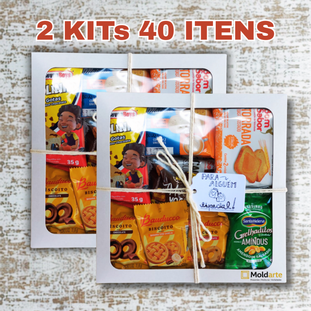 2 Kit Café da manhã c/ 40 itens na caixa pronto para presentear em aniversários ou dia especial