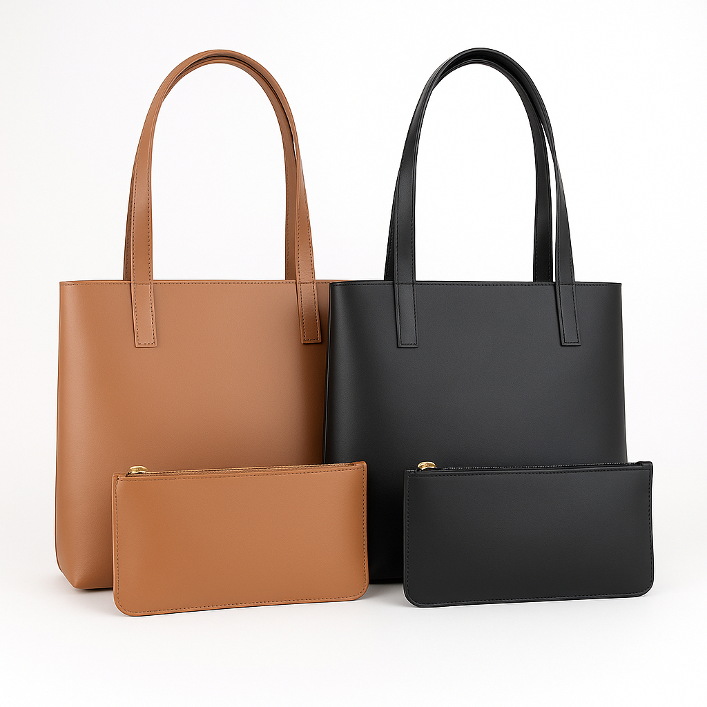 Kit 2 Bolsas Sacola Grande com necessaire em Couro Ecológico Premium Mulher Trabalho Casual