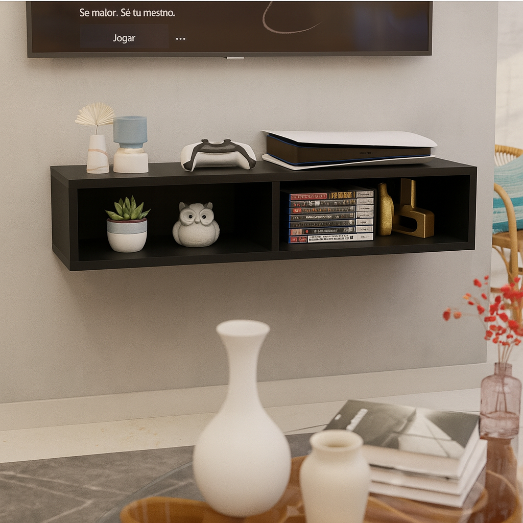 Shopee! Rack Nicho Tv Decoração Suspenso Mdf Branco/Preto Sala e Quarto Organização Moderna — R$ 77,94 em Shopee, 35% OFF