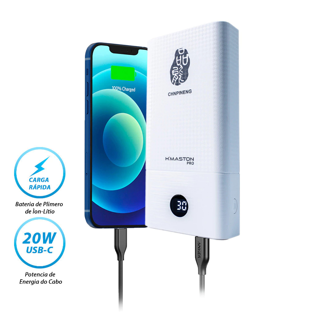 Carregador Portátil Turbo Powerbank Pineng 30000mAh 2 Entradas USB Tipo-C E Micro Tela LED Universal