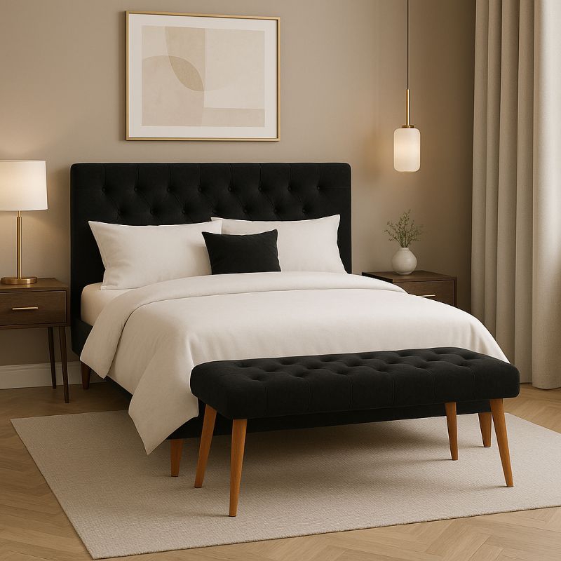Puff Banqueta Recamier Vitória Estofado Suede Capitonê 70cm Pés Palito Retro Para Quarto Sala Hall