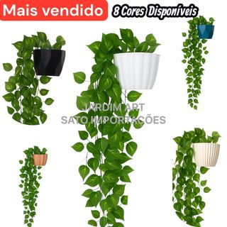 1 Kit Vaso Plastico Ceremico + 2 Planta Pendurada Verde  Artificial Parede Varanda pendente verde caida Enfeite