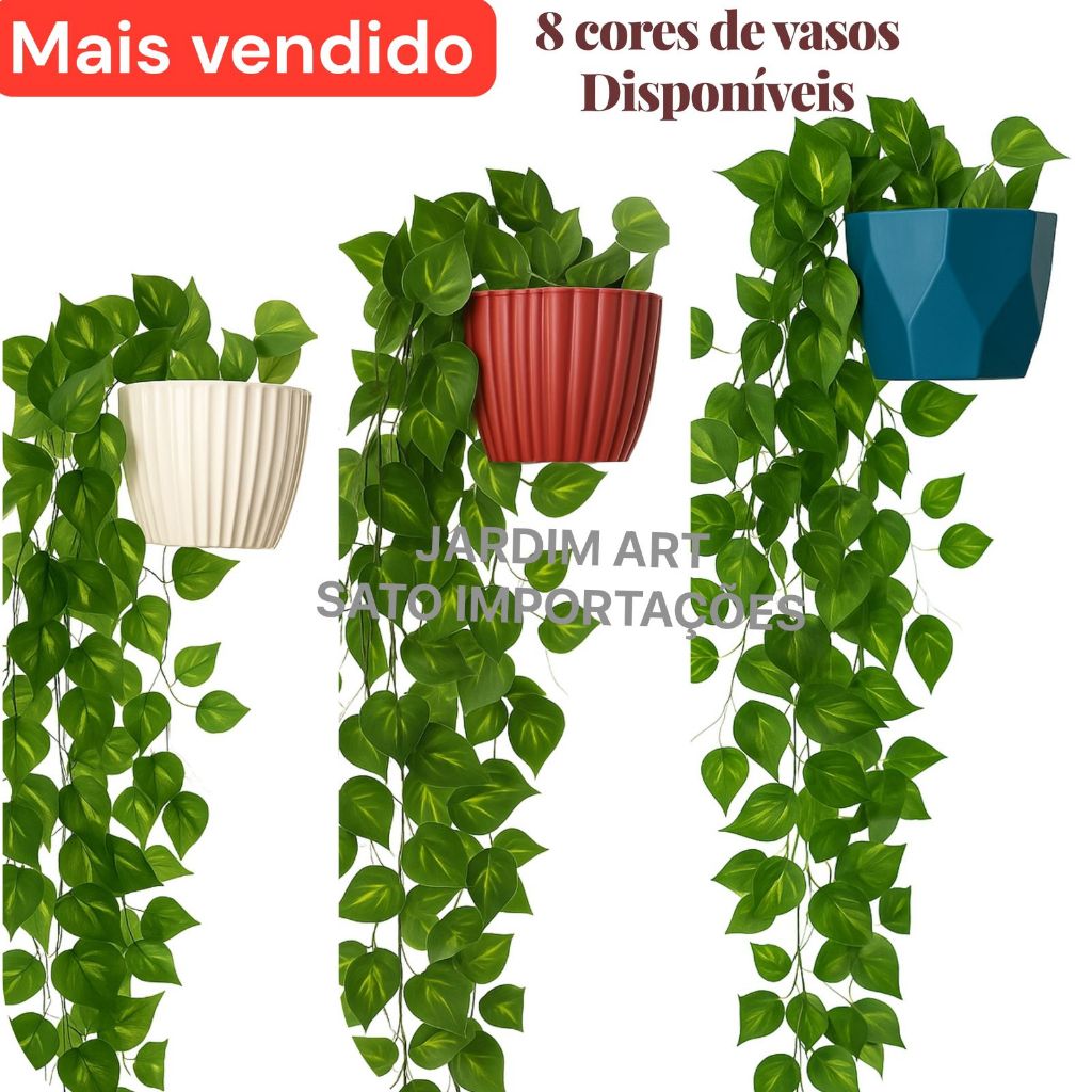 Kit Folhagem Artificial 2 Cordões + Vaso Plastico cerâmico Decor
