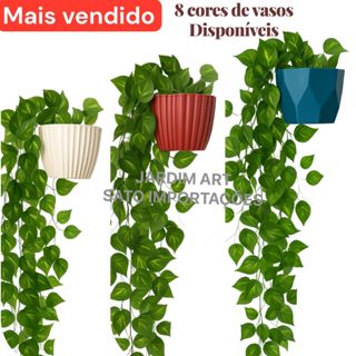 Kit Folhagem Artificial 2 Cordões + Vaso Plastico cerâmico Decor em Oferta na Shopee