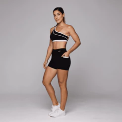Conjunto Fitness Feminino Flower Academia Top Ombro Só e Short Fitness com Bolso Coleção Duo