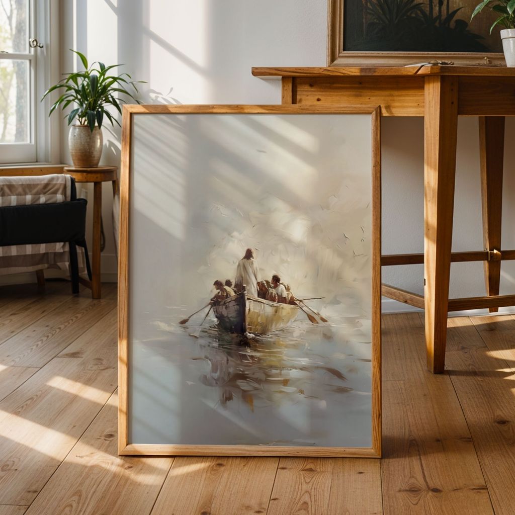 Quadro Decorativo Jesus no Barco Com os Discípulos Arte Cristã Fé Em Meio à Tempestade