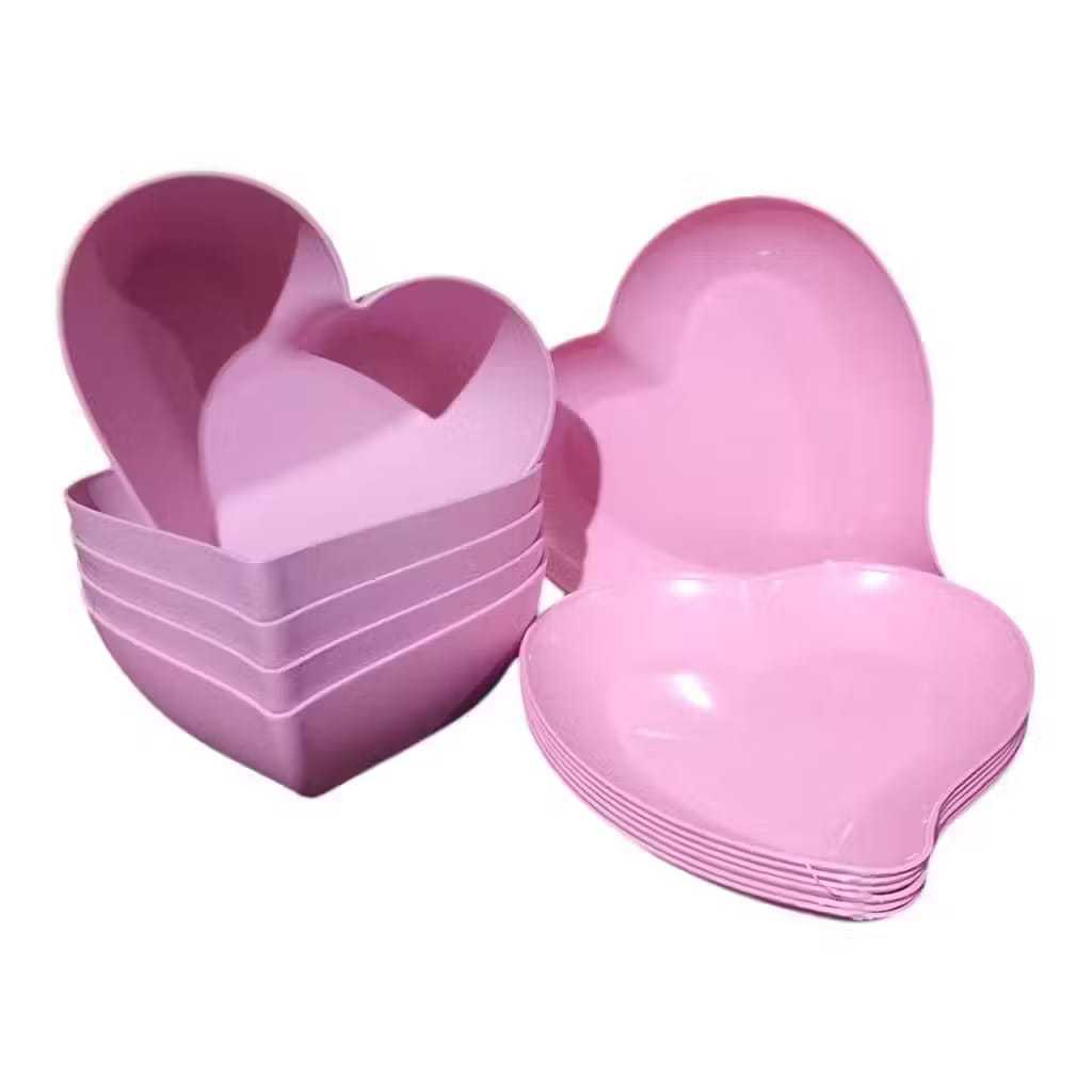 Petisqueira Coração + Prato Sobremesa Coração; Kit 6,10,16 ou 20(Plástico). Café da Manhã/Sobremesa.