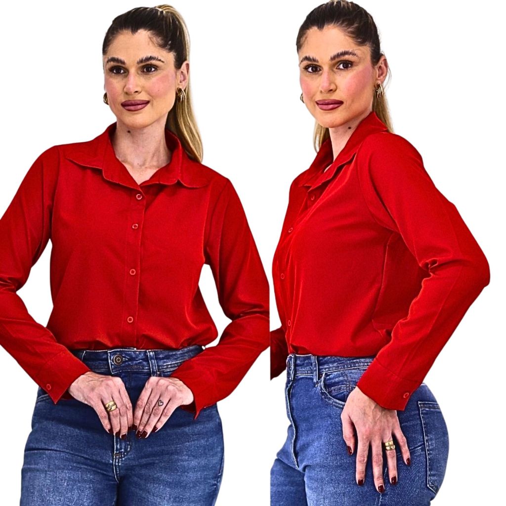 Blusa Camisa Feminina Crepe Leve Manga Longa Confortável Botões Casual Social