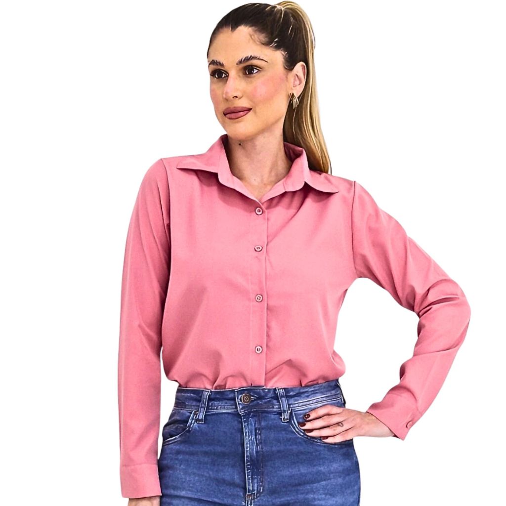 Blusa Camisa Feminina Crepe Leve Manga Longa Confortável Botões Casual Social