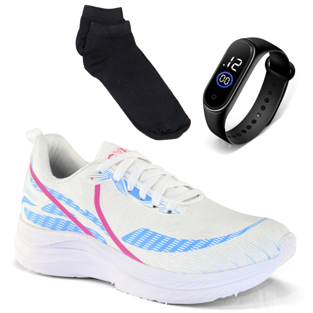 kit Completo Tênis Feminino Leve Barato + Relógio + Meia Confortável Academia Promoção Casual