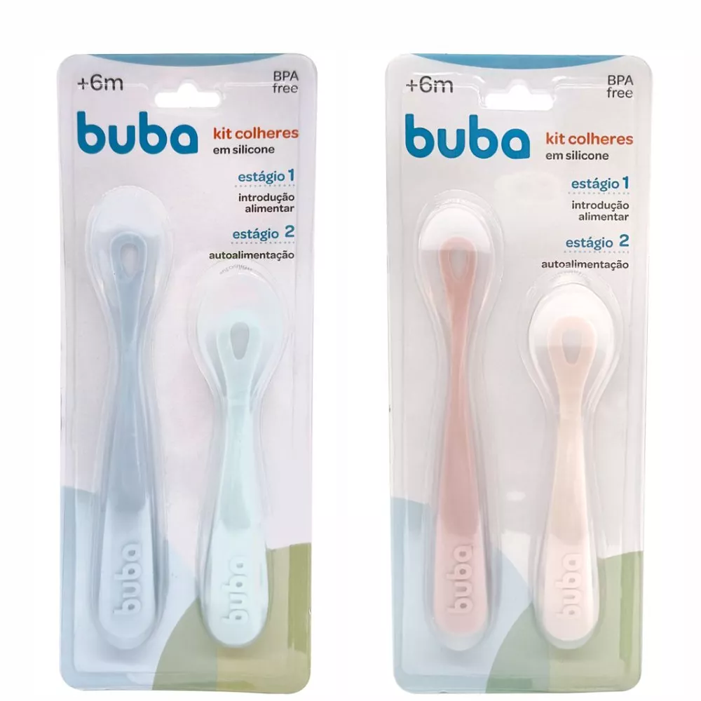 Kit 2 Colheres em Silicone Fases 1 e 2 Rosa Azul Introdução Alimentar e Autoalimentação