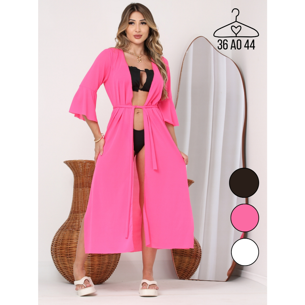 Saída de Praia Longa Kimono Comprido Manga com Babado Tule/Roupão Fino para Piscina/Canga