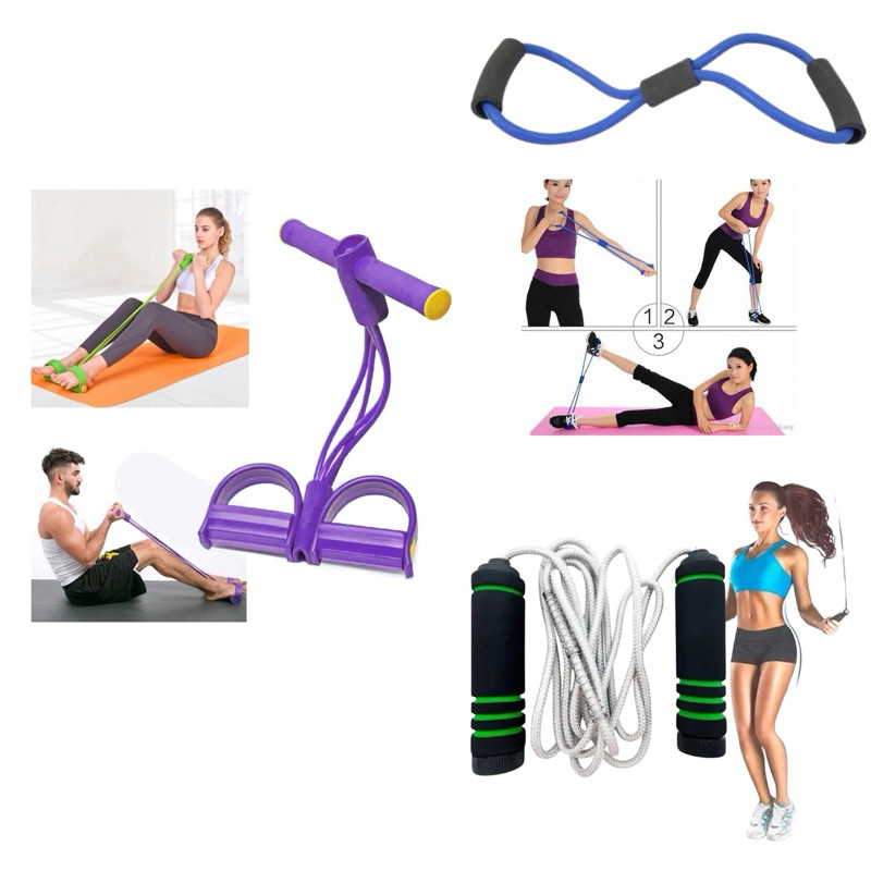 Kit Fitness Com Corda de Pular + Elástico de Pé + Elástico de Tensão Funcional Treino Em Casa