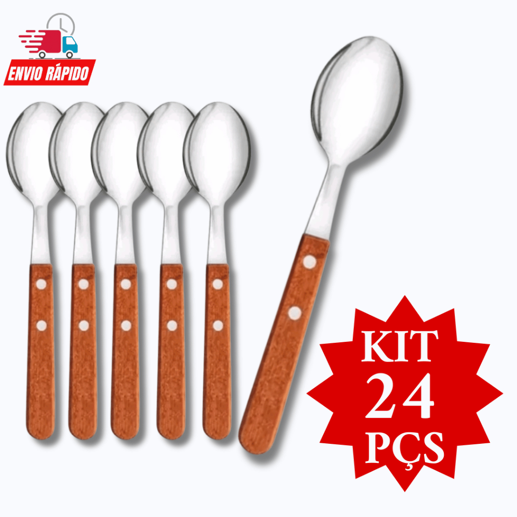 Kit 24 Colheres de Sopa  Inox com cabo de madeira  Resistente de Alta Qualidade Promoção