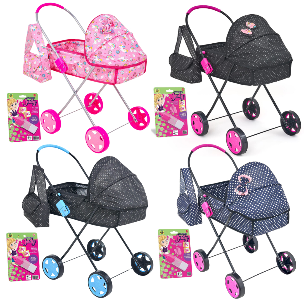 Carrinho De Boneca Grande Infantil C/ Berço Bebê Reborn Xikitinha Rosa Dobrável + Bolsa e Mamadeira