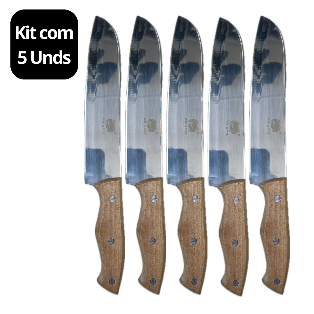 Imagem Kit de 5 Facas de Carne Legumes Peixeira de Inox Profissional Cabo de Madeira