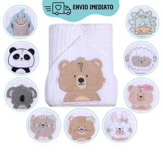 Toalha de Banho para Bebê com Capuz Bordada Infantil 3 Camadas Fralda Soft 100% Algodão 90cm x 75cm Papi Friends em Oferta na Shopee