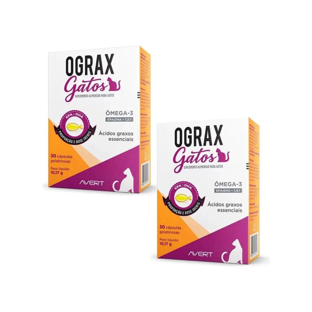 2 Suplemento Gatos Ômega 3 Epa Dha Ograx Avert 30 Cápsulas
