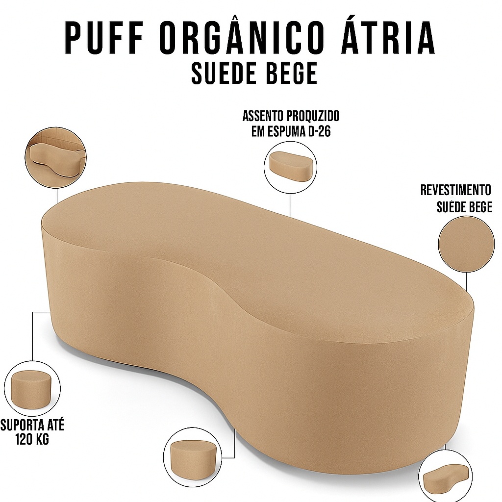 Puff Decorativo Átria 🌿 Suede Bege | Design Exclusivo & Conforto
