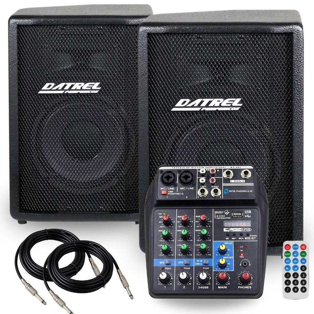 Kit 2 Caixas de Som 300W Datrel Ativa Passiva + Mesa 4 Canais Profissional Bluetooth + Cabos P10