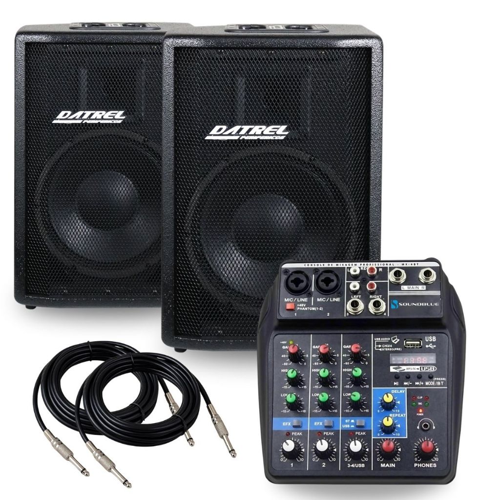 Kit 2 Caixas de Som 400W Datrel Ativa Passiva + Mesa 4 Canais Profissional Bluetooth + Cabos P10