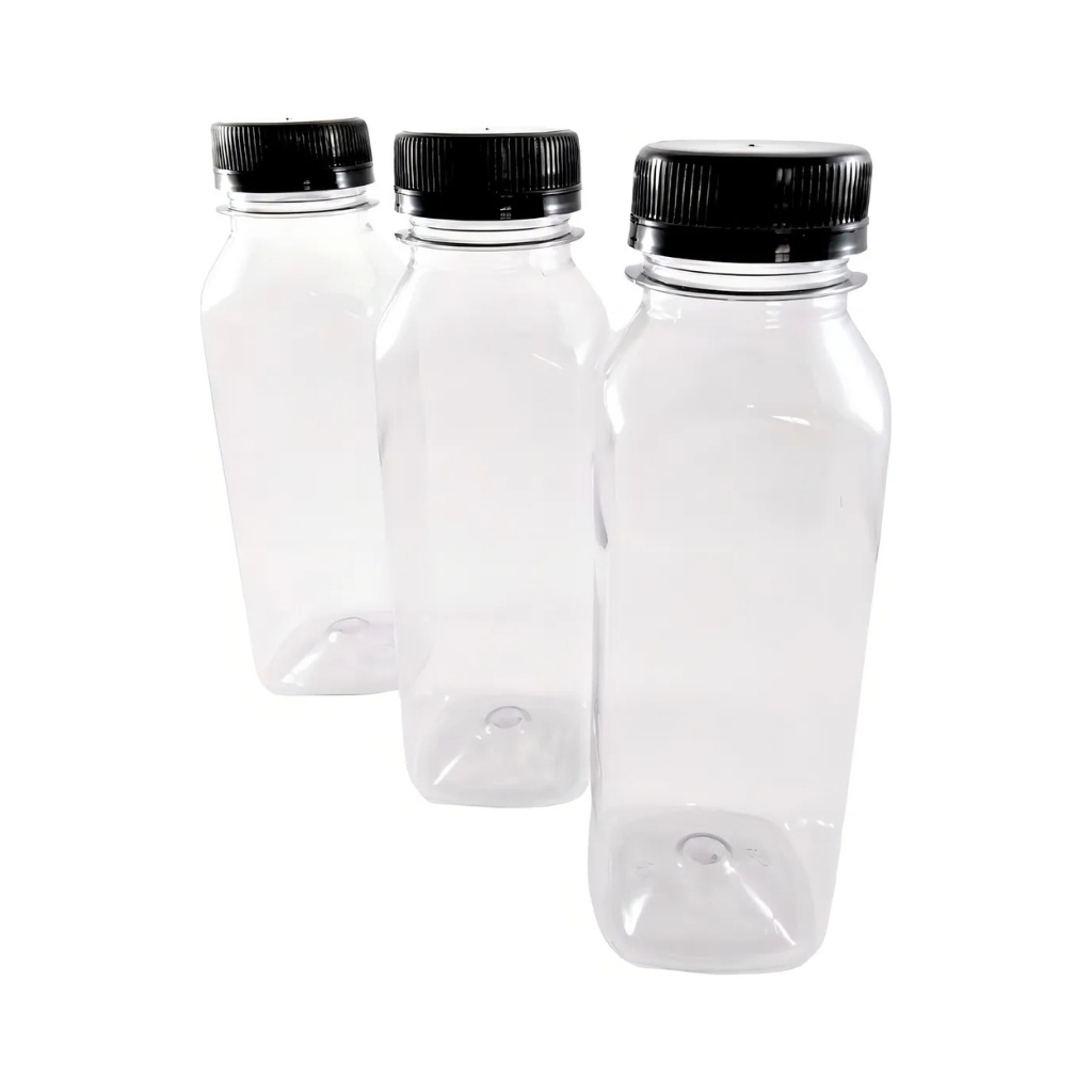 Kit 10 Garrafas Pet Plástica 300ml Descartável Quadrada Lisa Finish Com Tampa Lacre Preta