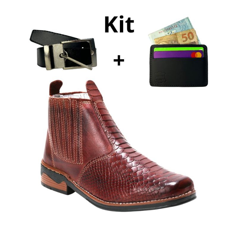 Kit Bota Botina Country de Couro Legítimo + Cinto e Carteira em Oferta na Shopee