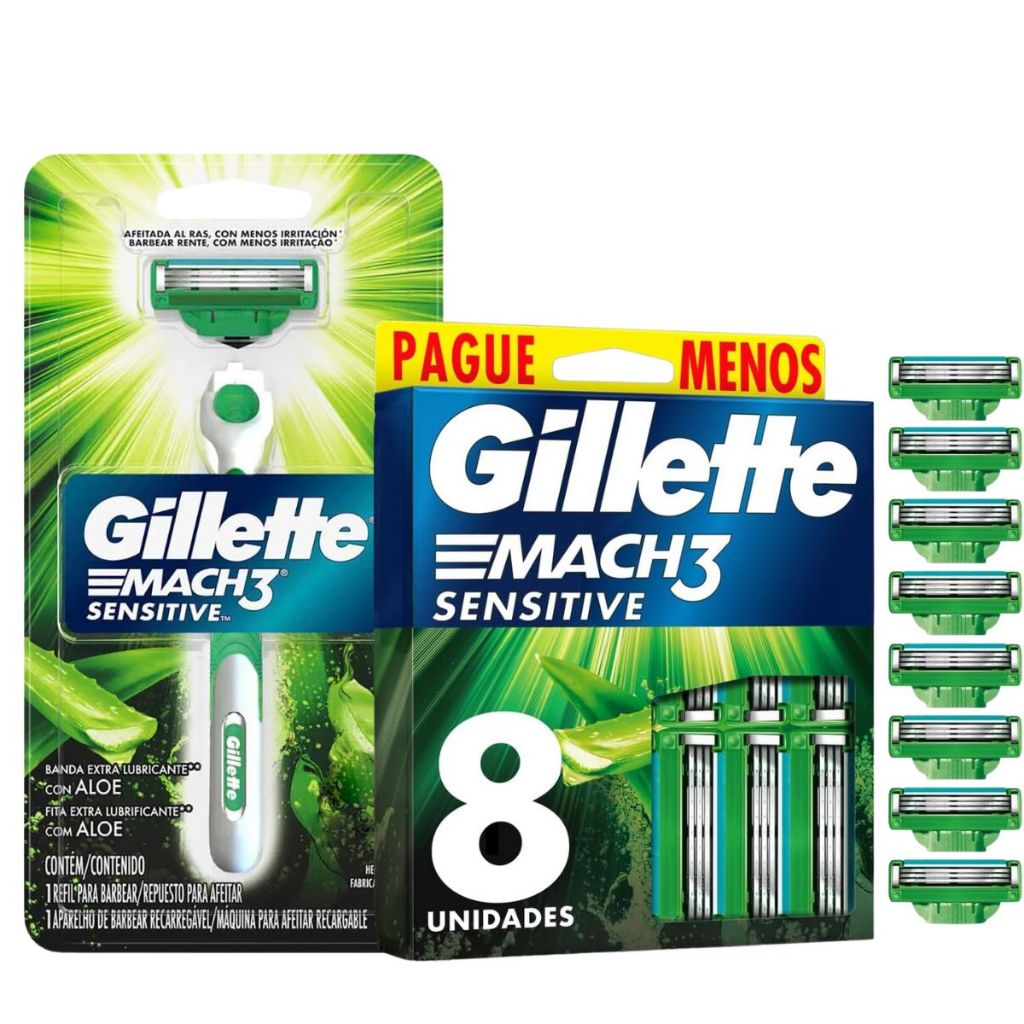 Kit Gillette Mach3 Sensitive Aparelho + 8 Refis Lâminas de Barbear com Aloe Vera