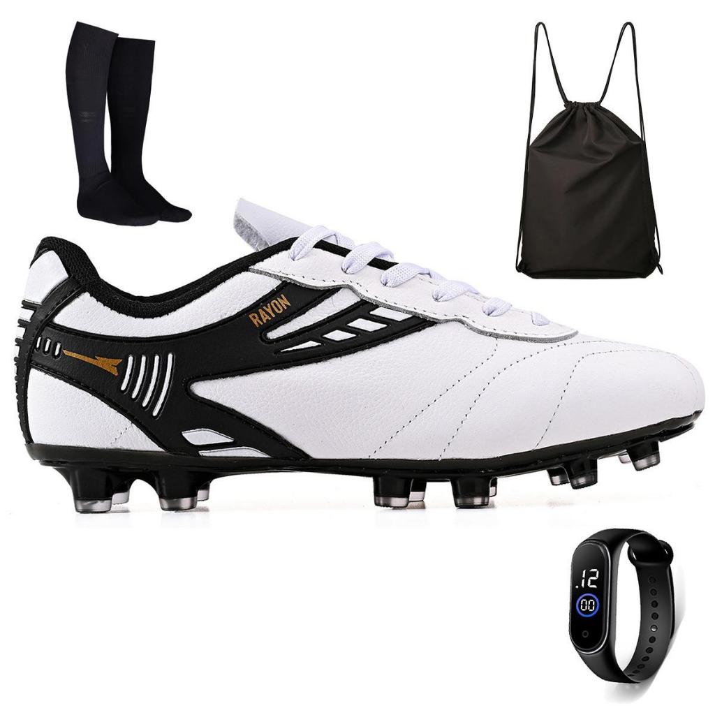 Kit Chuteira Futebol Profissional Masculina de Couro Campo Grama + Meião + Relógio + Bag