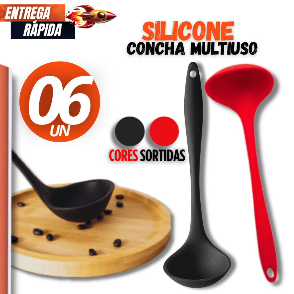Conjunto Jogo 06 Uni - Concha de Silicone Resistente Cabo Longo Utensílio de Cozinha Antiaderente Sopa Caldo Feijão