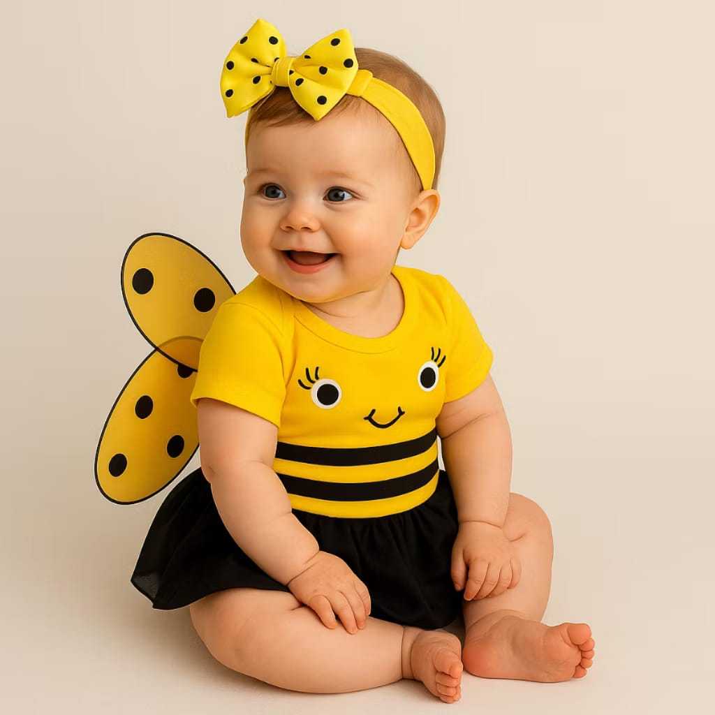 Body Bebê Fantasia Abelhinha com Saia de Tule e Laço – Mesversário Infantil Menina