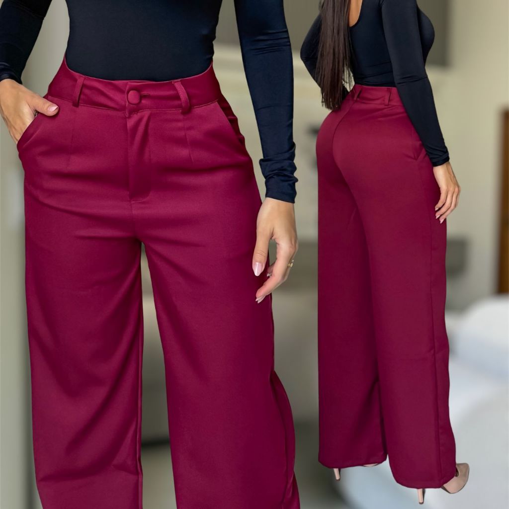 Calça Pantalona Feminina Alfaiataria Elegante Cintura Alta Wide Leg Casual Social Blogueira em Oferta na Shopee