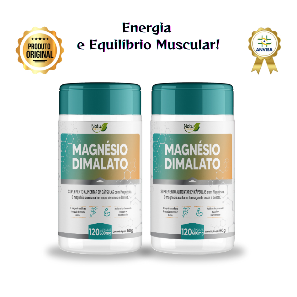 Magnésio Dimalato 600 mg 120 Capsulas Kit 2 Uni. Acompanha Laudo + Nf NatuPremium
