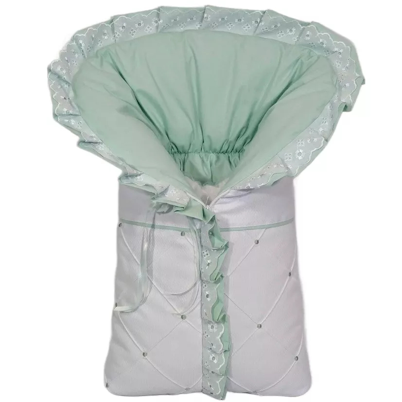Porta Bebê Saco De Dormir Tecido Pique Branco C/ Verde Claro 100% Algodão