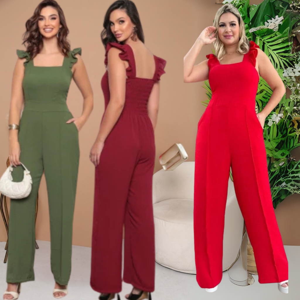 Macacão Feminino Social Elegante Pantalona Duna Forrado com Bojo e Babado no Ombro