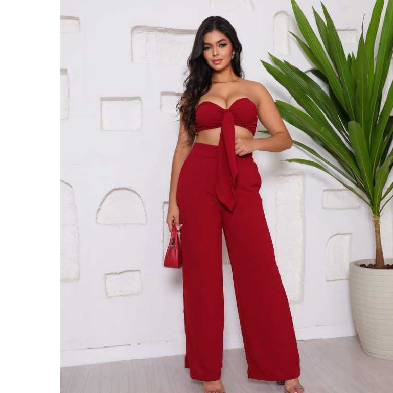 Conjuto Feminino  calça pantalona  Duna com bolso, top cropped com laço,  Lok  Estiloso