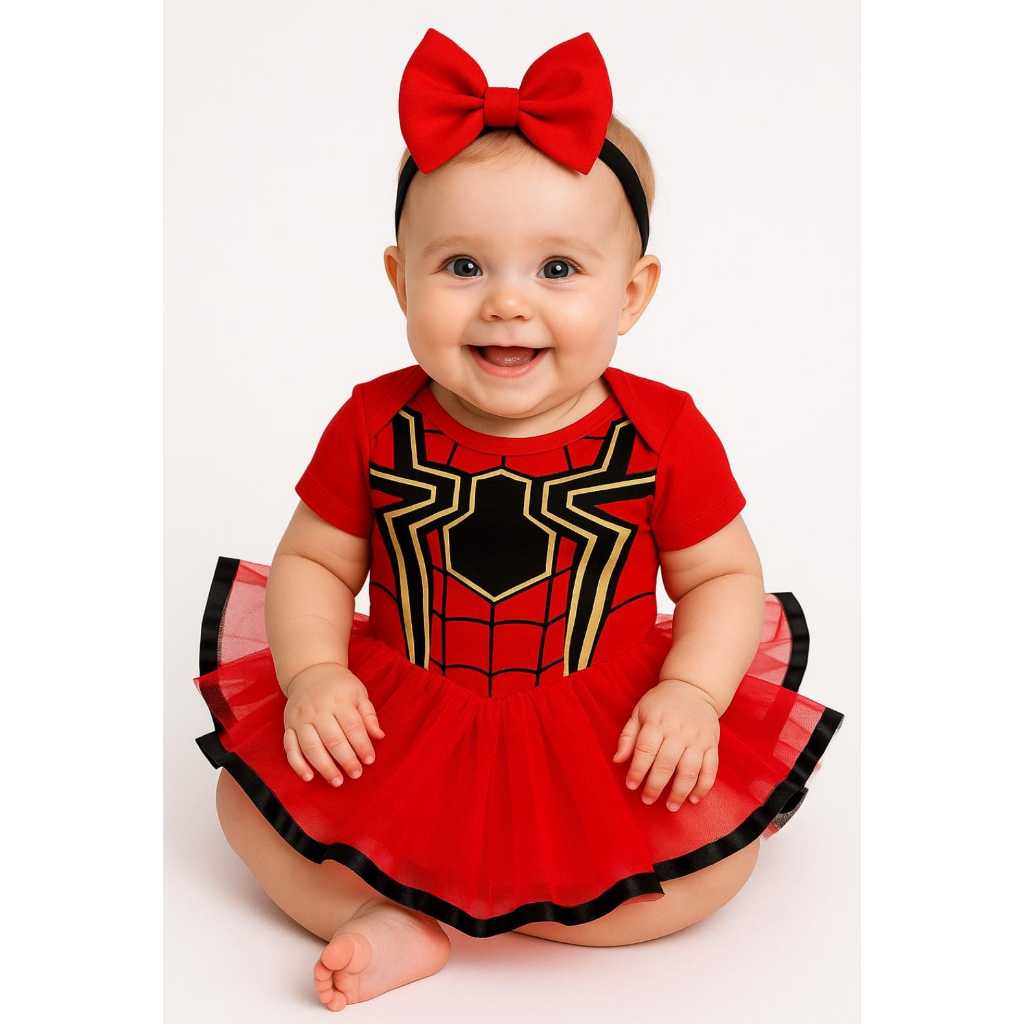 Kit Body bebê, infantil Mesversário, temático fantasia  homem aranha  menino e menina  kit Body + saia de tule + laço