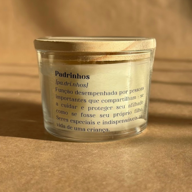 Vela Presente Padrinhos 100g c/ tampa de madeira - O ANÚNCIO REFERE-SE A 1 UNIDADE VELA PADRINHOS BATIZADO OU CASAMENTO