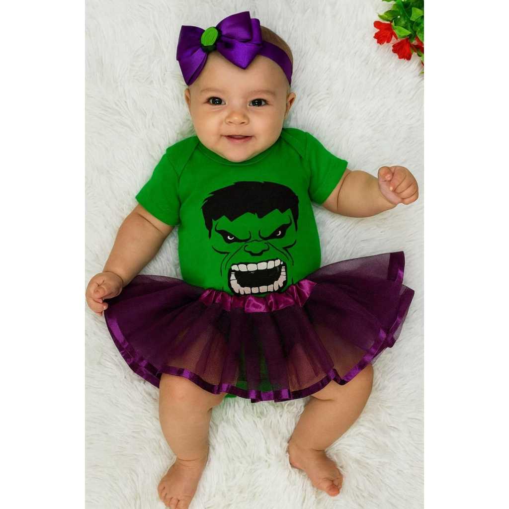 Kit Body bebê,Temático Mesversário Hulk menina Kit com saia de tule e laço