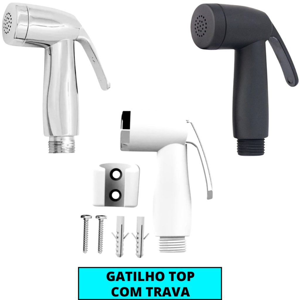 Gatilho Chuveirinho Top Branco Cromado Ou Preto + Suporte Para Ducha Higiênica Chuveiro Pet Shop