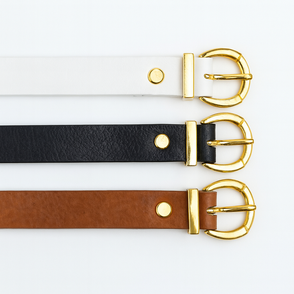 Kit 3 Cintos Feminino Luxo com Fivela Metalizada Dourada Em Couro Sintético Minimalista