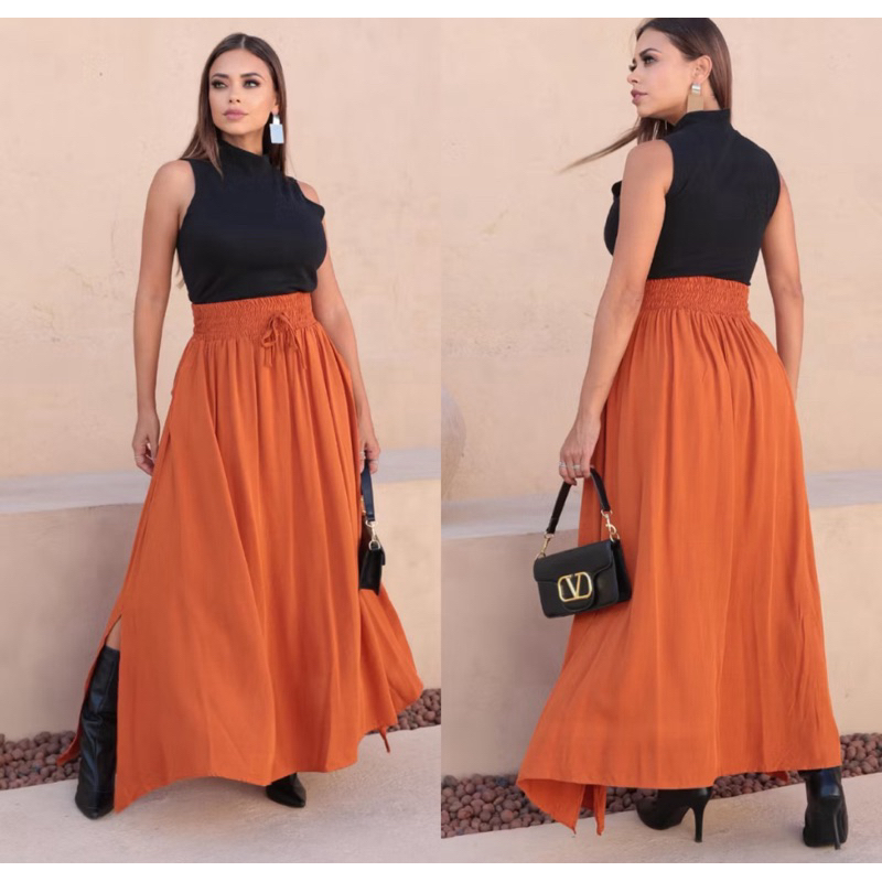 SAIA LONGA VISCOLINHO FEMININA COM BOLSOS COM FENDA LATERAL MODA EVANGÉLICA FORRADA MODA CASUAL CINTURA ALTA