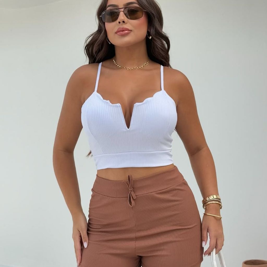 Short Canelado Cintura Alta Curto Soltinho Feminino Básico Casual Verão Conforto Conjunto Cropped Malha Canelada Look