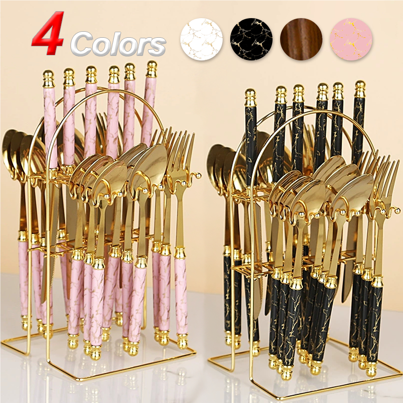 【Novos produtos exclusivos】Kit 24 talheres de aço inoxidável de luxo de talheres, garfo e colher de padrão de mármore