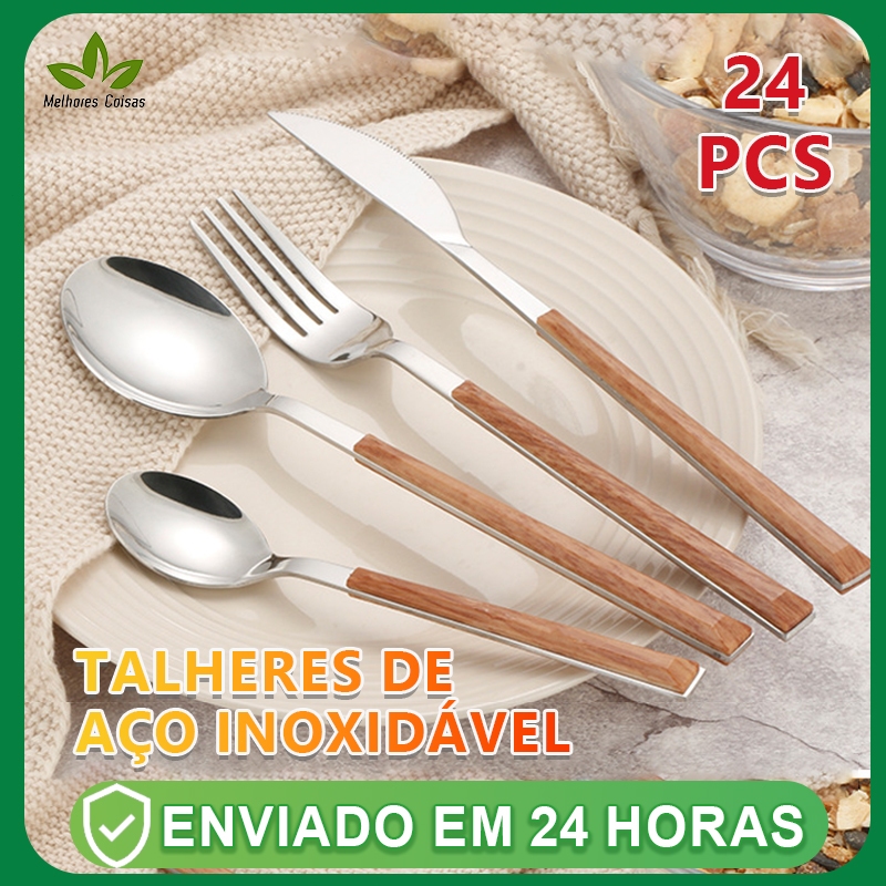 Jogo De Talheres Faqueiro Com 24 Peças Aço Inox, Alças De Madeira Designer Lindo