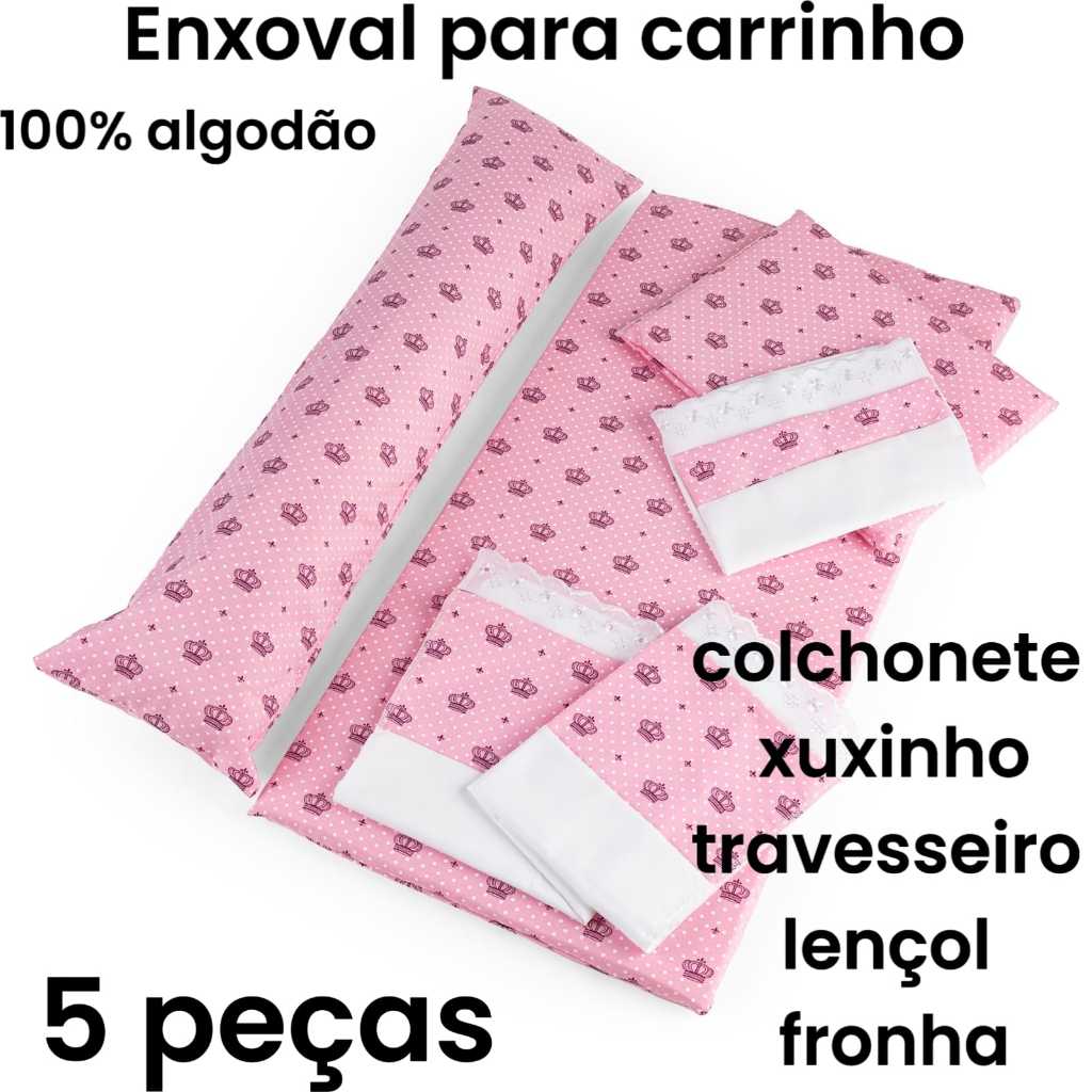 Imagem KIT ENXOVAL COMPLETO PARA CARRINHO DE BEBÊ COM COLCHONETE, XUXINHO, LENÇOL TRAVESSEIRO E FRONHA